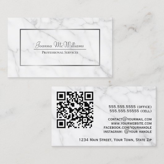 Elegant wit marmer & zilver professionele QR-code Visitekaartje (Voorkant / Achterkant)