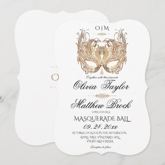 Elegant wit maskerade-huwelijk kaart (Voorkant / Achterkant)