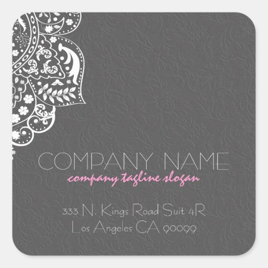 Elegant wit meisjeskant grijs bloemdamast vierkante sticker (Voorkant)