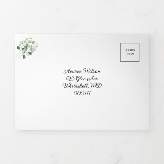 Elegant wit met Eucalyptus Trim Wedding Drieluik Uitnodiging (Cover)