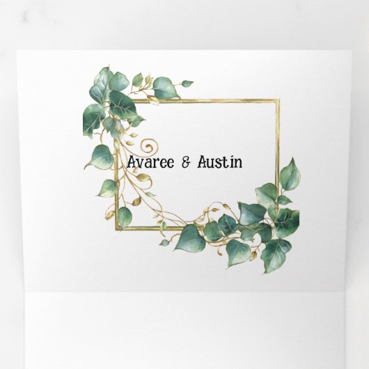 Elegant wit met Eucalyptus Trim Wedding Drieluik Uitnodiging (Binnenzijde eerst)