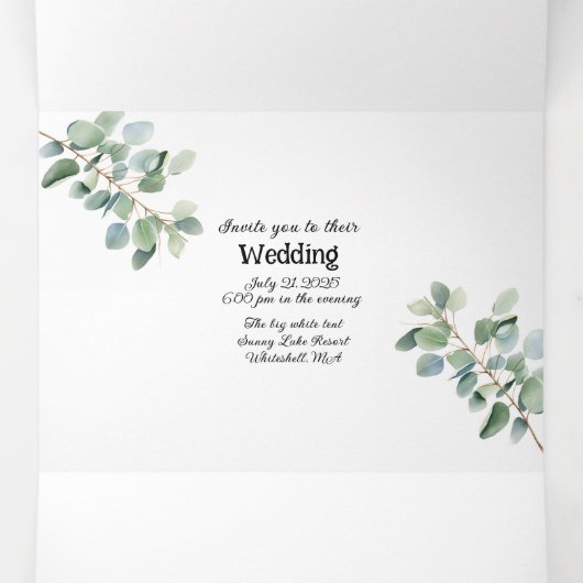 Elegant wit met Eucalyptus Trim Wedding Drieluik Uitnodiging (Binnenkant midden)