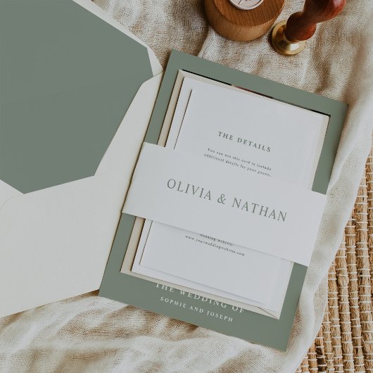 Elegant wit met Sage Green Text | Bruiloft Uitnodigingen Wikkel