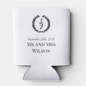 Elegant wit met zwart monogram krans blikjeskoeler (Achterkant)