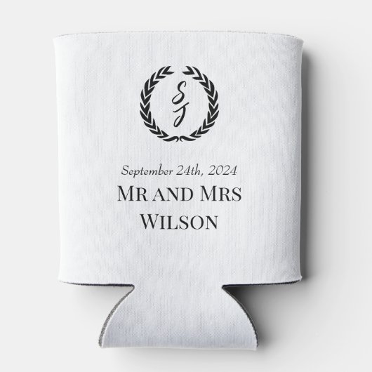 Elegant wit met zwart monogram krans blikjeskoeler (Achterkant)