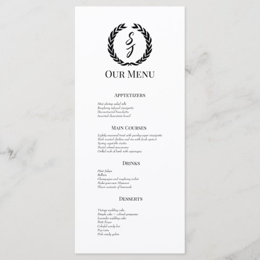 Elegant wit met zwart monogram krans bruiloft menu (Voorkant)