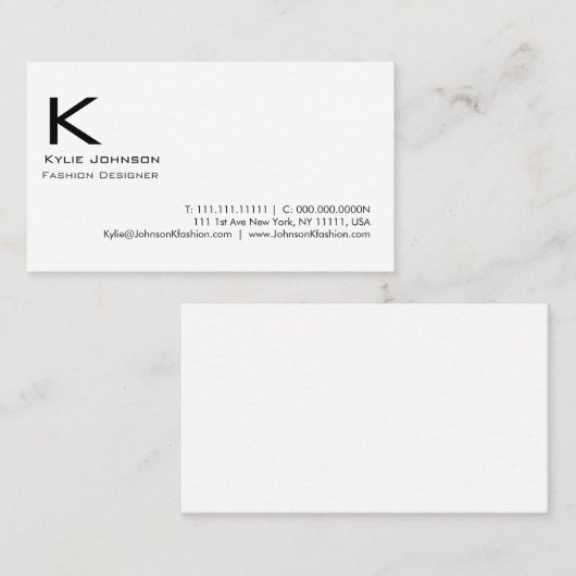 Elegant wit minimalistisch monogram gepersonalisee visitekaartje (Voorkant / Achterkant)