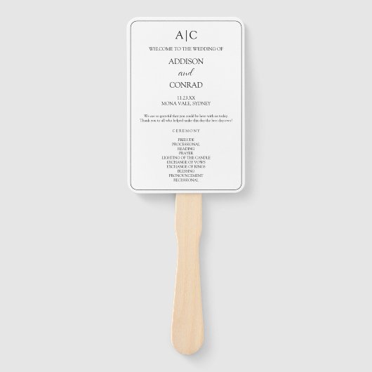 Elegant wit monogram huwelijksprogramma handwaaier (Voorkant)