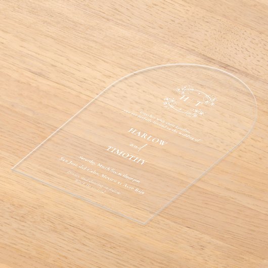 Elegant wit Monogram Kalligrafie Trouwen Acryl Uitnodigingen (Laagn)