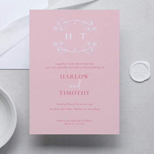 Elegant wit Monogram Roze Kalligrafie Bruiloft Kaart