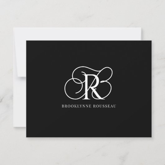 Elegant Wit Monogram Zwart Vlakke Nota Kaart Notitiekaartje (Voorkant)