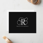 Elegant Wit Monogram Zwart Vlakke Nota Kaart Notitiekaartje (Voorkant / Achterkant in situ)