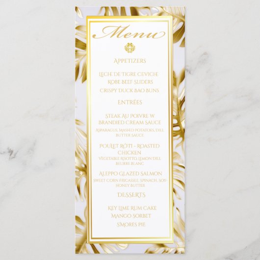 Elegant wit Monstera verguld goud bruiloft menu (Voorkant)