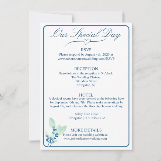 Elegant wit, munt groen, & blauw bloemenhuwelijk kaart (Achterkant)