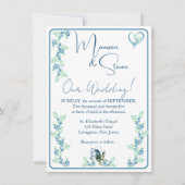 Elegant wit, munt groen, & blauw bloemenhuwelijk kaart (Voorkant)