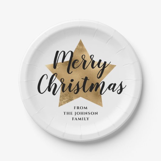 Elegant wit nepgoud ster vrolijk kerstfeest papieren bordje (Voorkant)