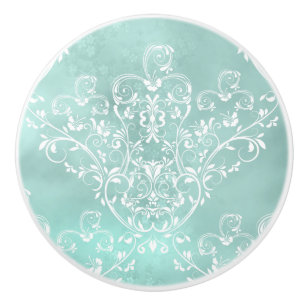 Elegant wit op Blauwgroen Damask Keramische Knop