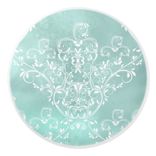 Elegant wit op Blauwgroen Damask Keramische Knop (Voorkant)