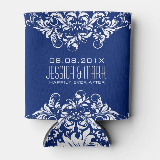 Elegant wit oppervlak met blauwe achtergrond blikjeskoeler (Voorkant)