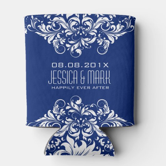 Elegant wit oppervlak met blauwe achtergrond blikjeskoeler (Achterkant)