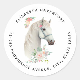 Elegant Wit Paard Boho Bloemen Adres Ronde Sticker
