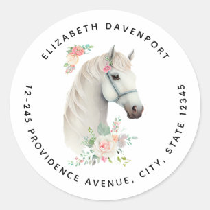 Elegant Wit Paard Boho Bloemen Adres Ronde Sticker