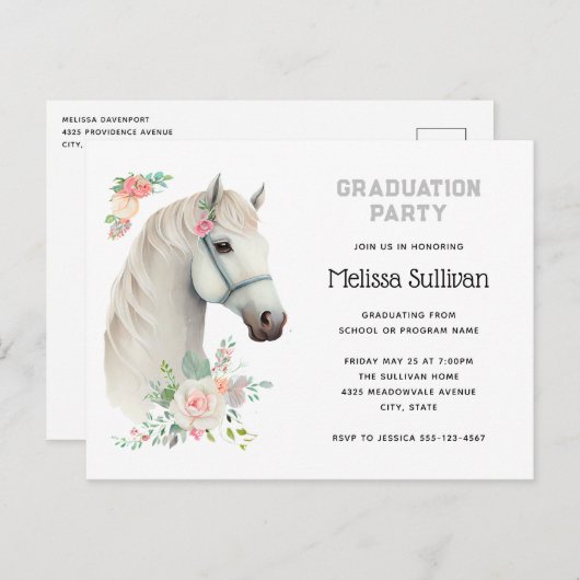 Elegant Wit Paard Boho Bloemen Afstuderen Invite Briefkaart (Voorkant / Achterkant)