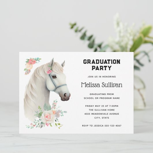 Elegant Wit Paard Boho Bloemen Afstuderen Kaart (Staand voorkant)