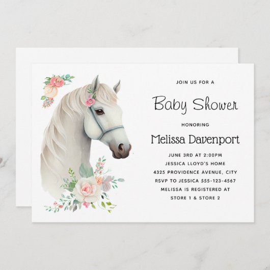 Elegant Wit Paard Boho Bloemen Baby shower Kaart (Voorkant / Achterkant)