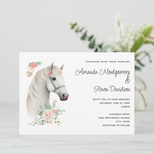 Elegant Wit Paard Boho Bloemen Bruiloft Kaart (Staand voorkant)