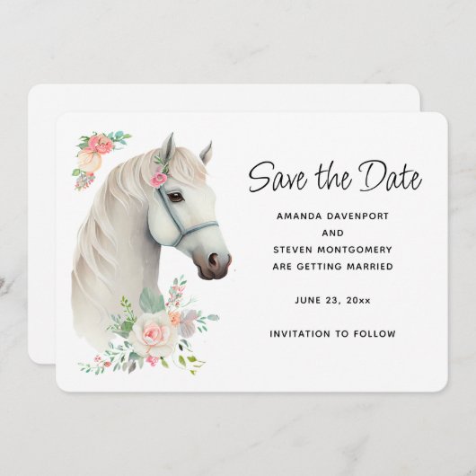 Elegant Wit Paard Boho Bloemen Bruiloft Save The Date (Voorkant / Achterkant)