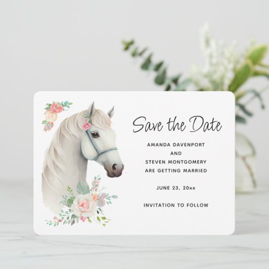 Elegant Wit Paard Boho Bloemen Bruiloft Save The Date (Staand voorkant)