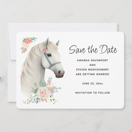 Elegant Wit Paard Boho Bloemen Bruiloft Save The Date (Voorkant)