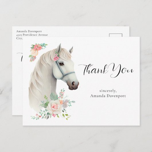 Elegant wit paard boho bloemen dank u briefkaart (Voorkant / Achterkant)