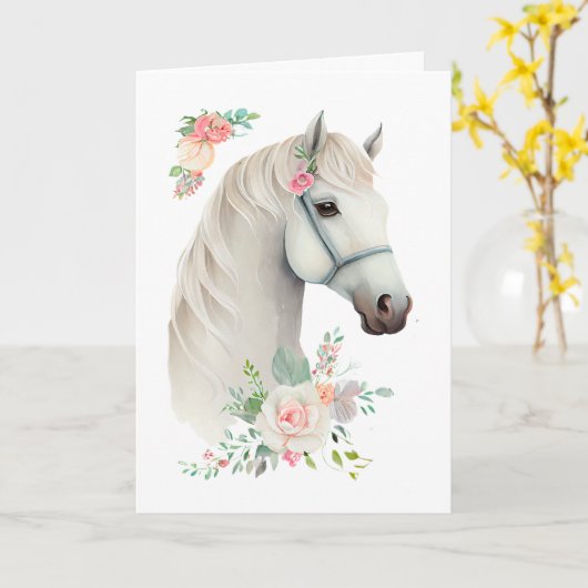 Elegant Wit Paard Boho Bloemen Verjaardag Kaart (Gele Bloem)