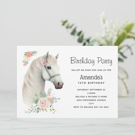 Elegant Wit Paard Boho Bloemen Verjaardag Kaart (Staand voorkant)