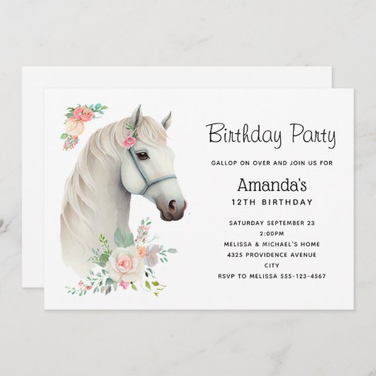 Elegant Wit Paard Boho Bloemen Verjaardag Kaart (Voorkant / Achterkant)