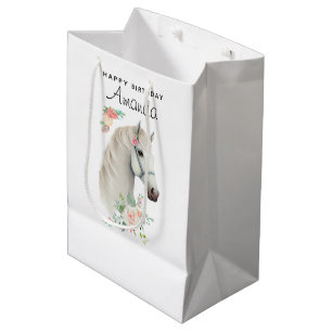 Elegant Wit Paard Boho Bloemen Verjaardag Medium Cadeauzakje