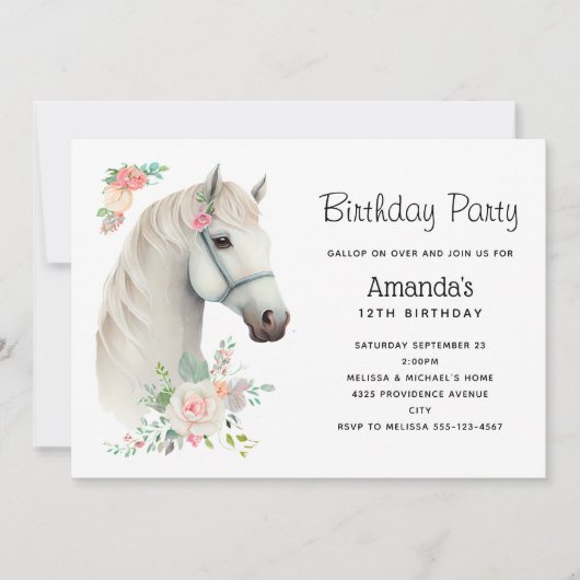 Elegant Wit Paard Boho Bloemige Verjaardag Kaart (Voorkant)