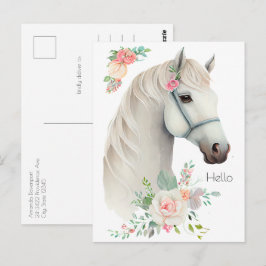 Elegant Wit Paard Boho Floral Briefkaart