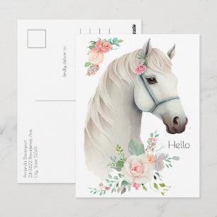 Elegant Wit Paard Boho Floral Briefkaart