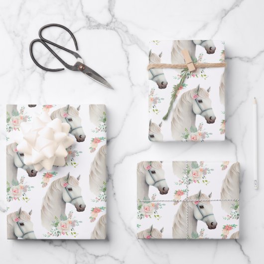Elegant Wit Paard Boho Floral Inpakpapier Vel (Voorkant)