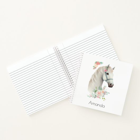 Elegant Wit Paard Boho Floral Notitieboek (Binnen)