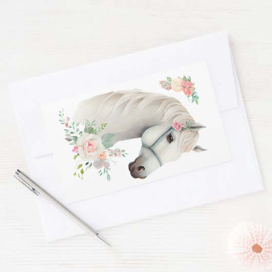 Elegant Wit Paard Boho Floral Rechthoekige Sticker (Envelop)