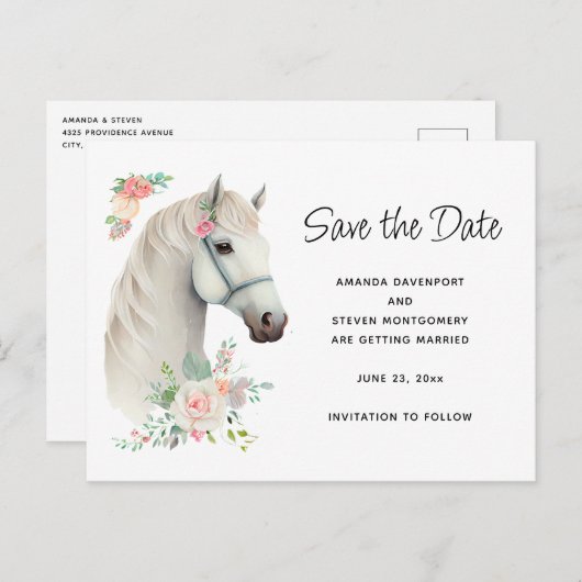 Elegant Wit Paard Boho Floral Save the Date Uitnodiging Briefkaart (Voorkant / Achterkant)