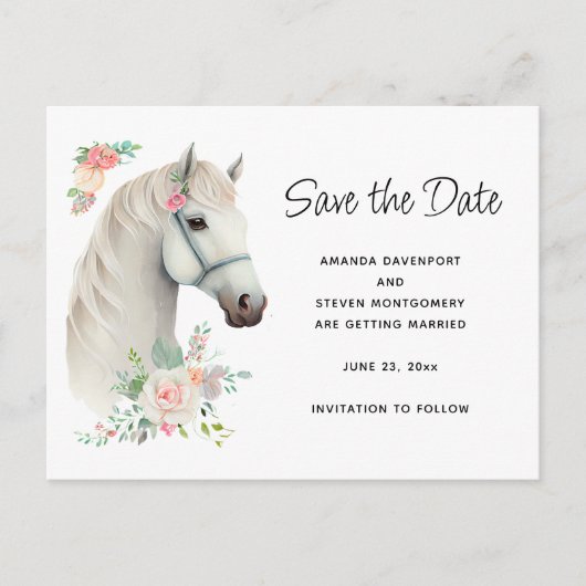 Elegant Wit Paard Boho Floral Save the Date Uitnodiging Briefkaart (Voorkant)