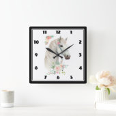Elegant Wit Paard Boho Floral Vierkante Klok (Huis)