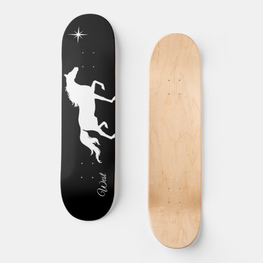 Elegant wit paardensilhouet, zwart persoonlijk skateboard (Voorkant)