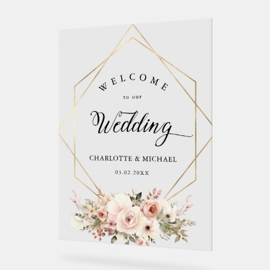 Elegant, wit, pastel, bloem, geometrische bruiloft acryl bord (Hoek)