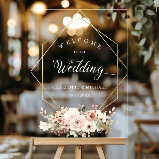 Elegant, wit, pastel, bloem, geometrische bruiloft acryl bord
